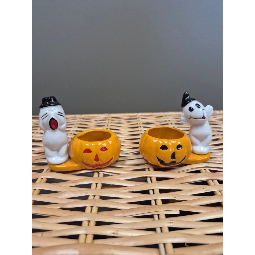 Vintage Halloween Ghost Pumpkin Ceramic Holders Pair Hand Painted Jack O Lantern